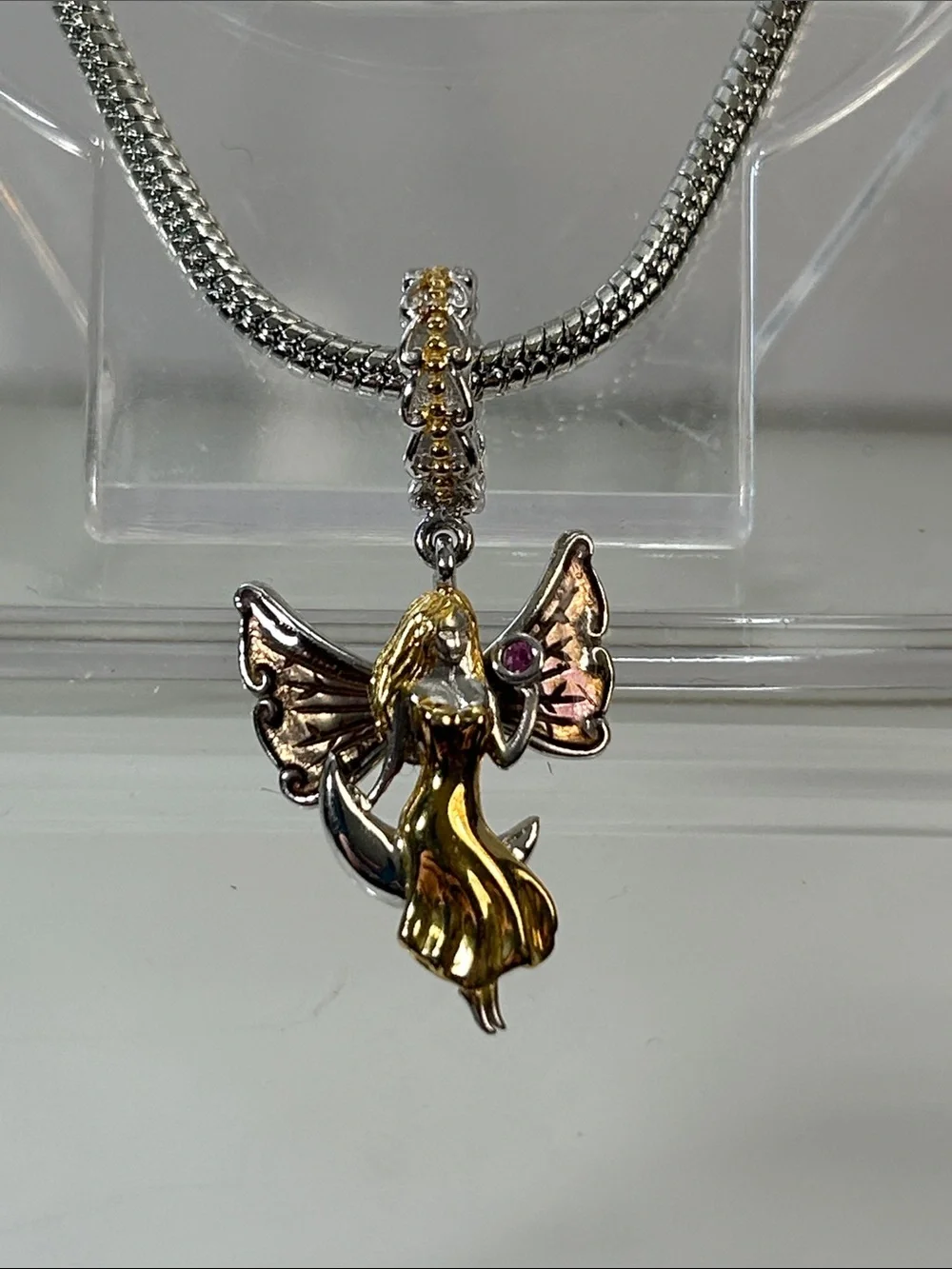 NWOT Gems En Vogue Palladium 18k Genuine Gemstone Swinging Moon Angel Euro Charm